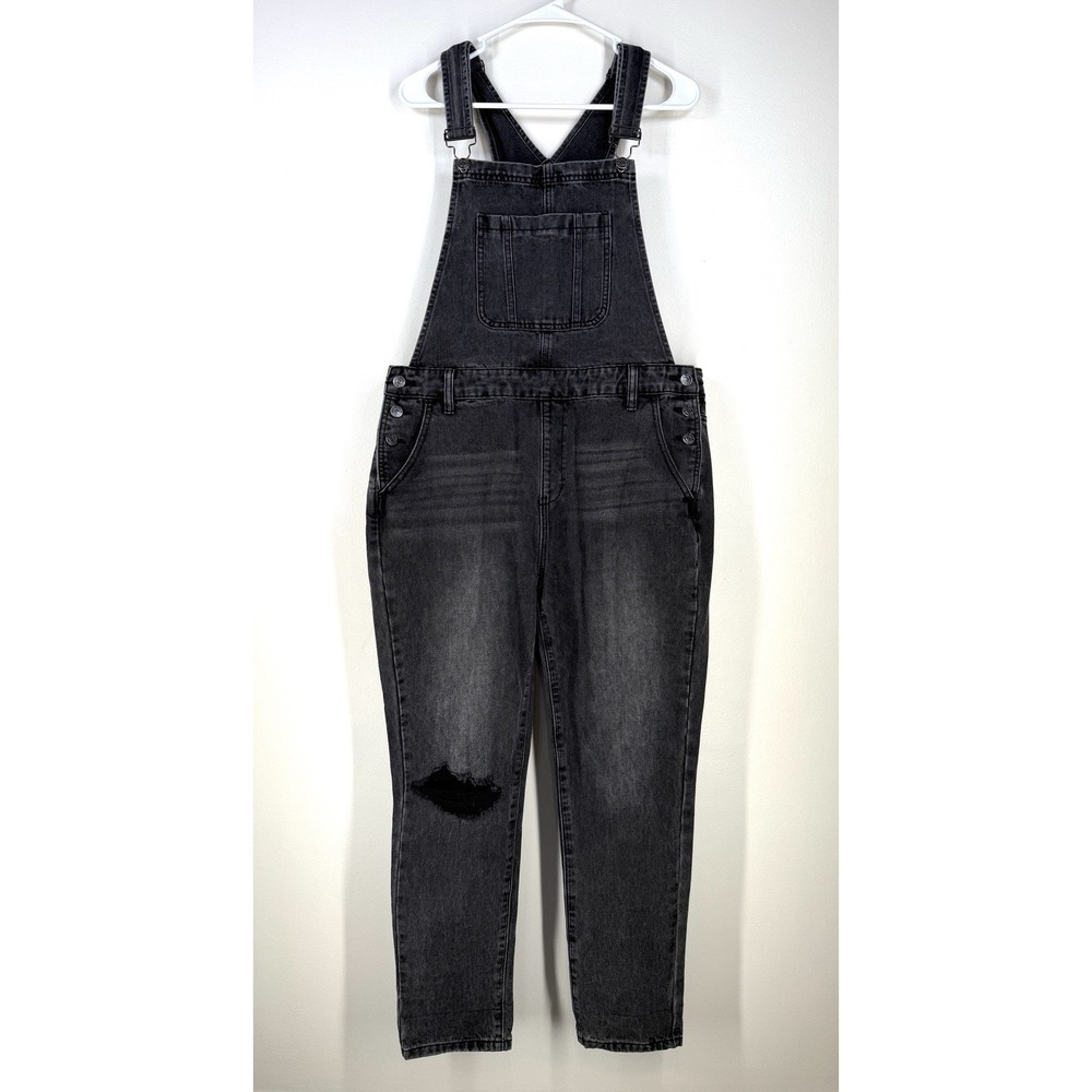 TNR Jeans Womens Overalls L Gray Distressed Ripped Denim Bibs Cotton Ankle